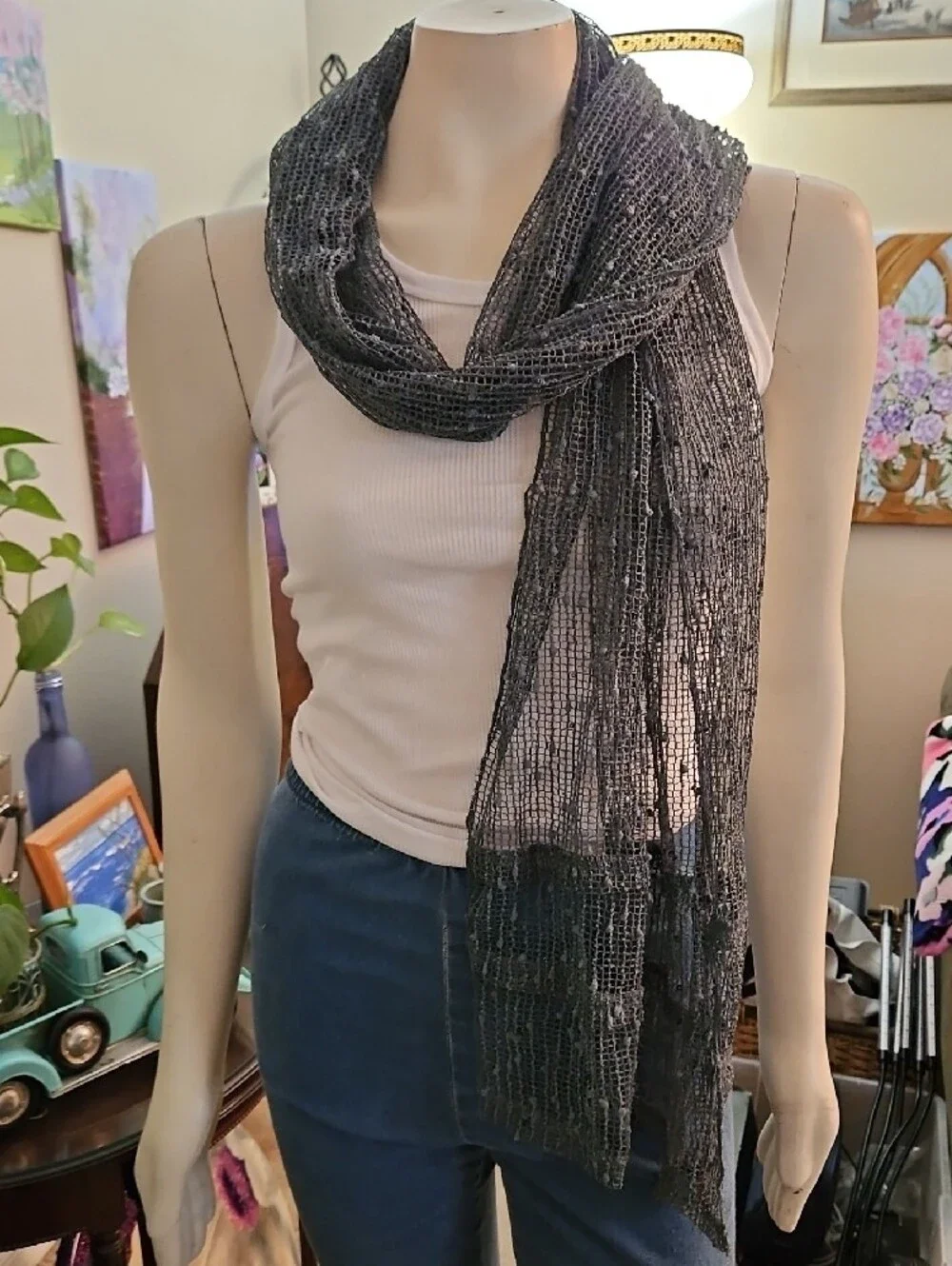 Noelle Open-Weave Green Lightweight Scarf